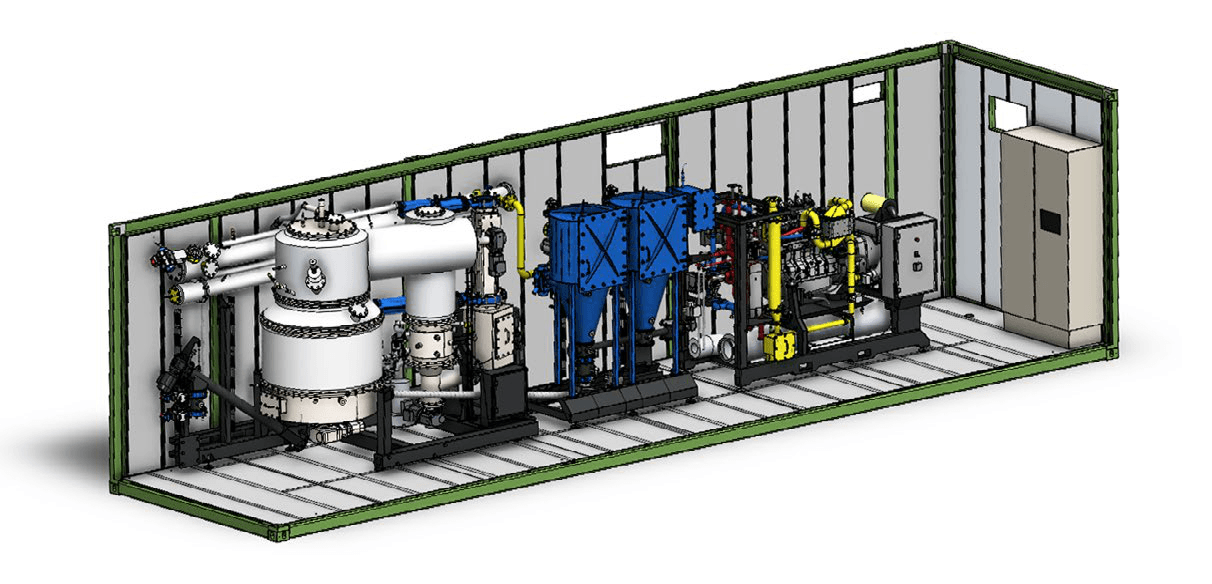 LiPRO HKW300 container cutaway showing the gasifier vessels, heat-exchanger and filter block, engine-generator, and electrical cabinet