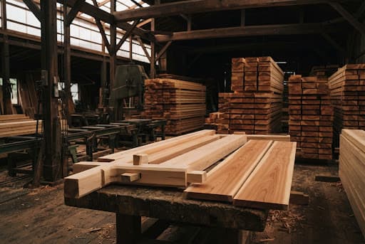 Chipping and drying — raw logs becoming generator-ready fuel (concept rendering)